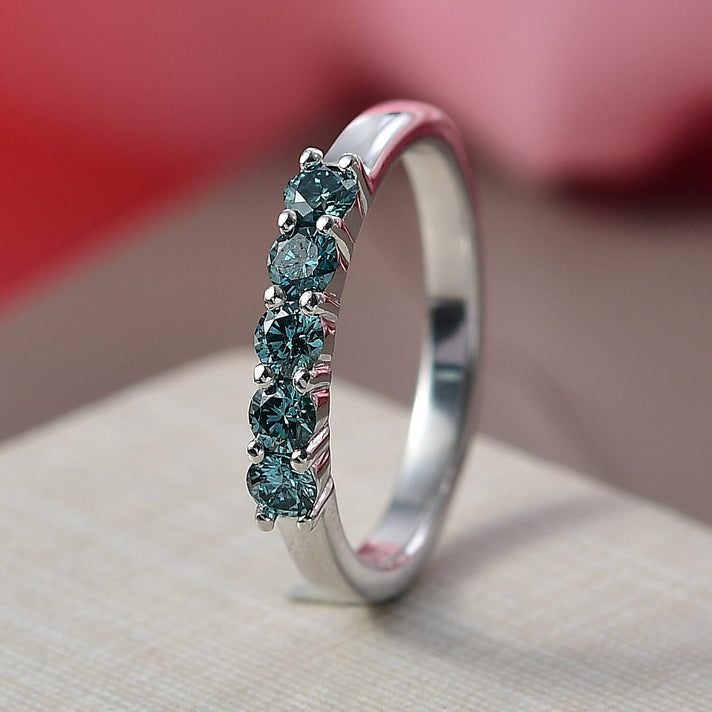 LUXURIANT 0.50 Ct. Lab Grown Blue Diamond 5-Stone Ring in Rhodium Overlay Sterling Silver (VS-EF) 8267575 2