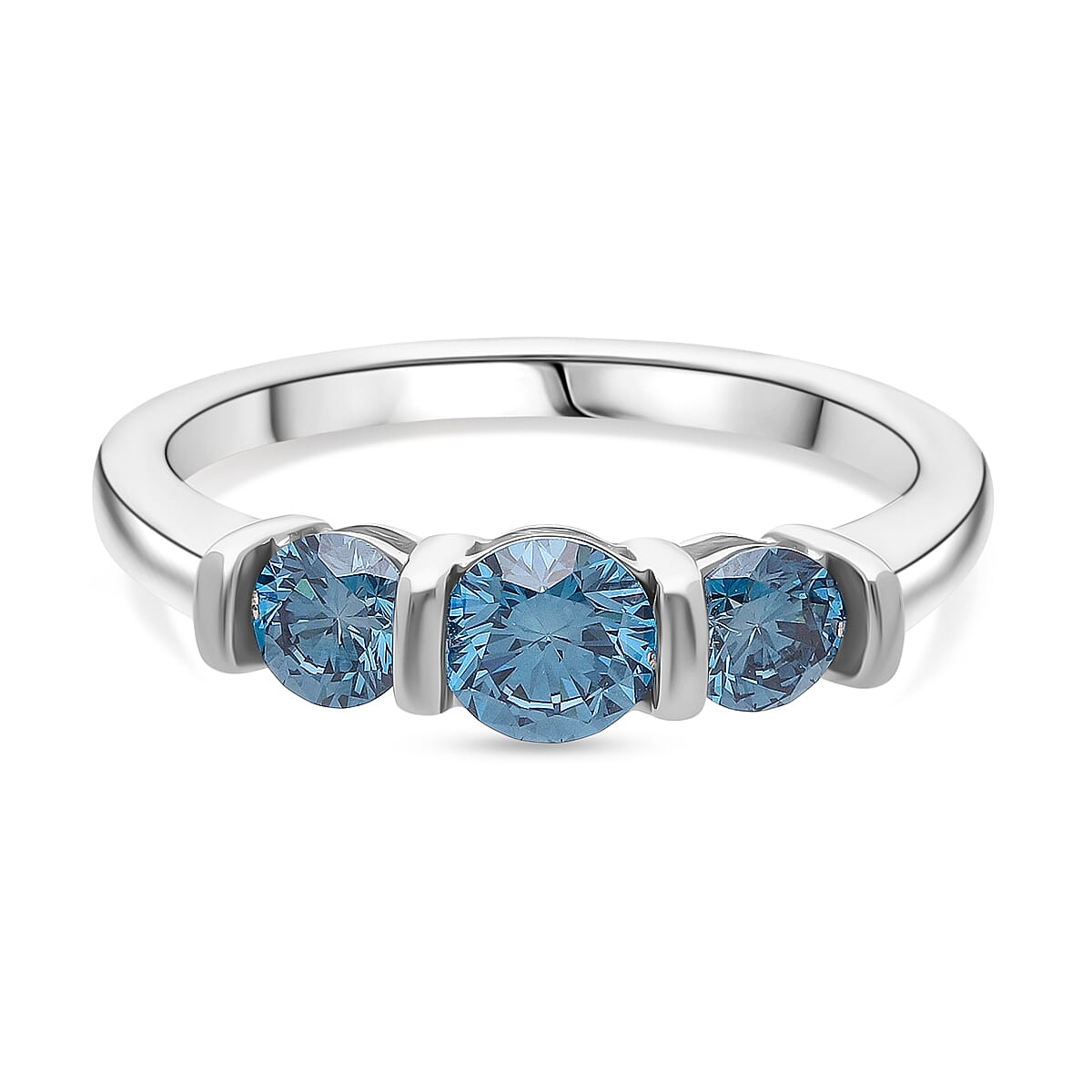 LUXURIANT 1 Ct. Lab Grown Blue Diamond 3-Stone Ring in Rhodium Overlay Sterling Silver (SI) 8302974 0