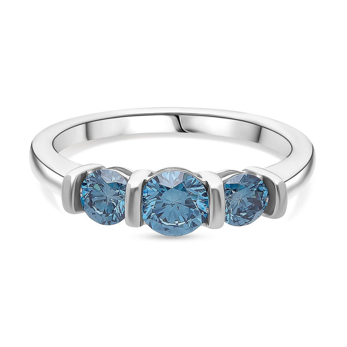 LUXURIANT 1 Ct. Lab Grown Blue Diamond 3-Stone Ring in Rhodium Overlay Sterling Silver (SI) 8302974 1