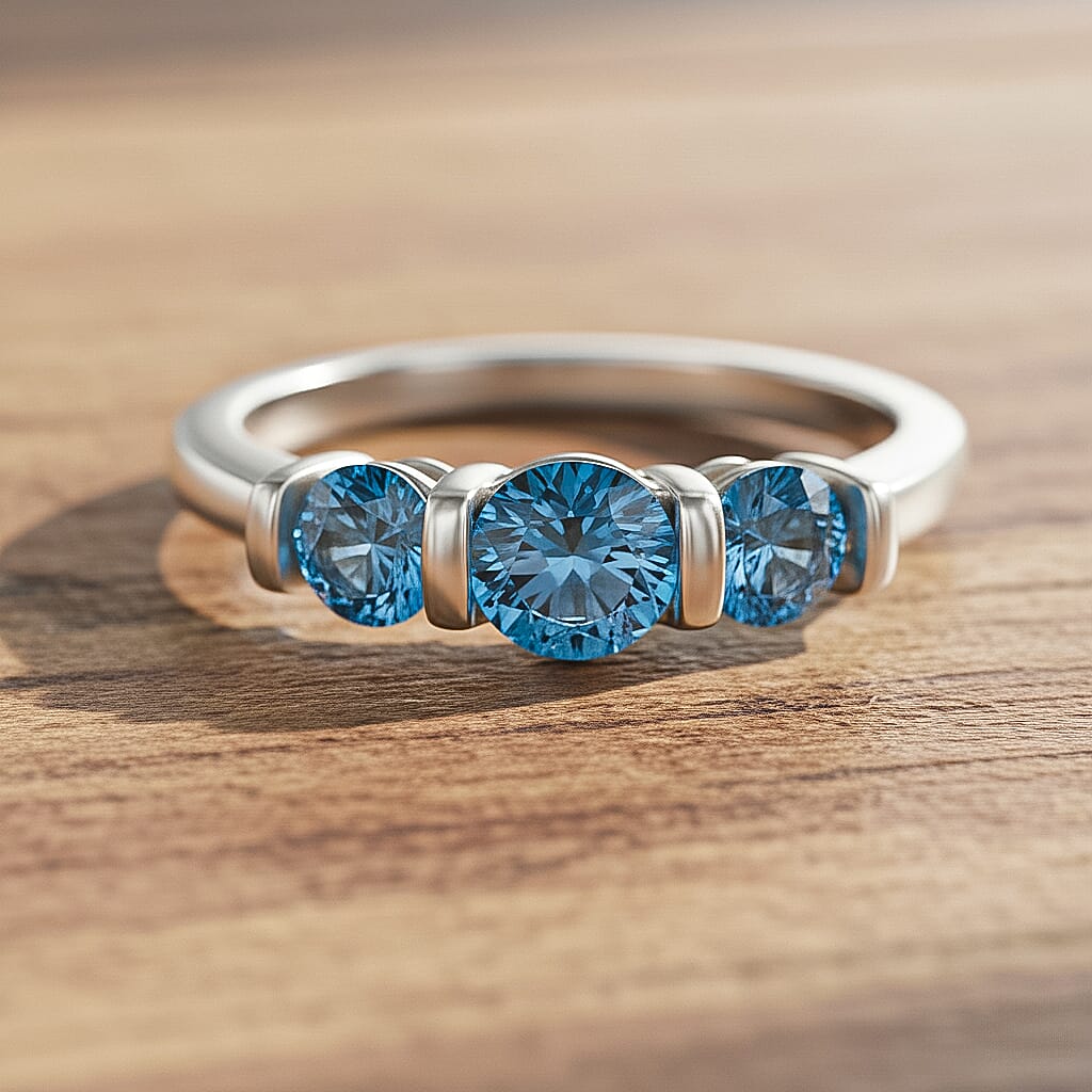 LUXURIANT 1 Ct. Lab Grown Blue Diamond 3-Stone Ring in Rhodium Overlay Sterling Silver (SI) 8302974 2