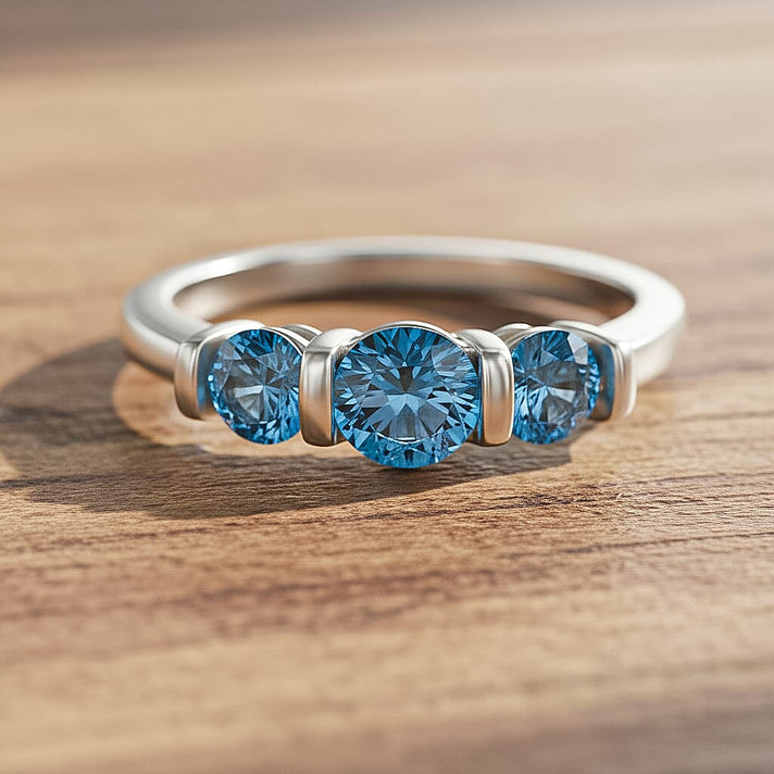 LUXURIANT 1 Ct. Lab Grown Blue Diamond 3-Stone Ring in Rhodium Overlay Sterling Silver (SI) 8302974 2