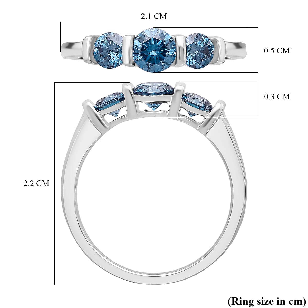 LUXURIANT 1 Ct. Lab Grown Blue Diamond 3-Stone Ring in Rhodium Overlay Sterling Silver (SI) 8302974 6