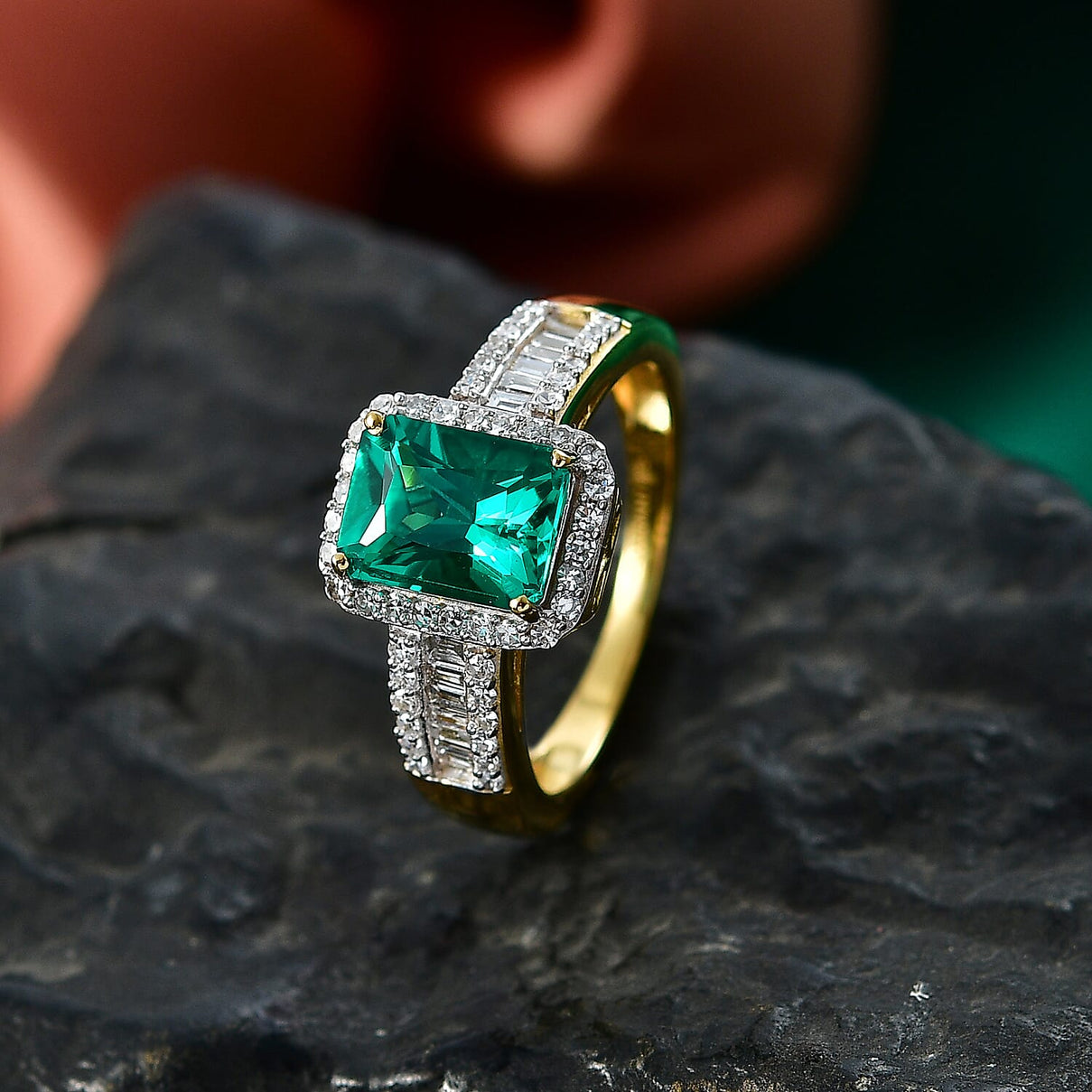 AAA Lab Grown Colombian Emerald (1.30 Cts) &amp; Lab Grown Diamond SI/GH Halo Ring in 18K Vermeil Yellow Gold Plated Sterling Silver 1.70 Ct 8535867 3