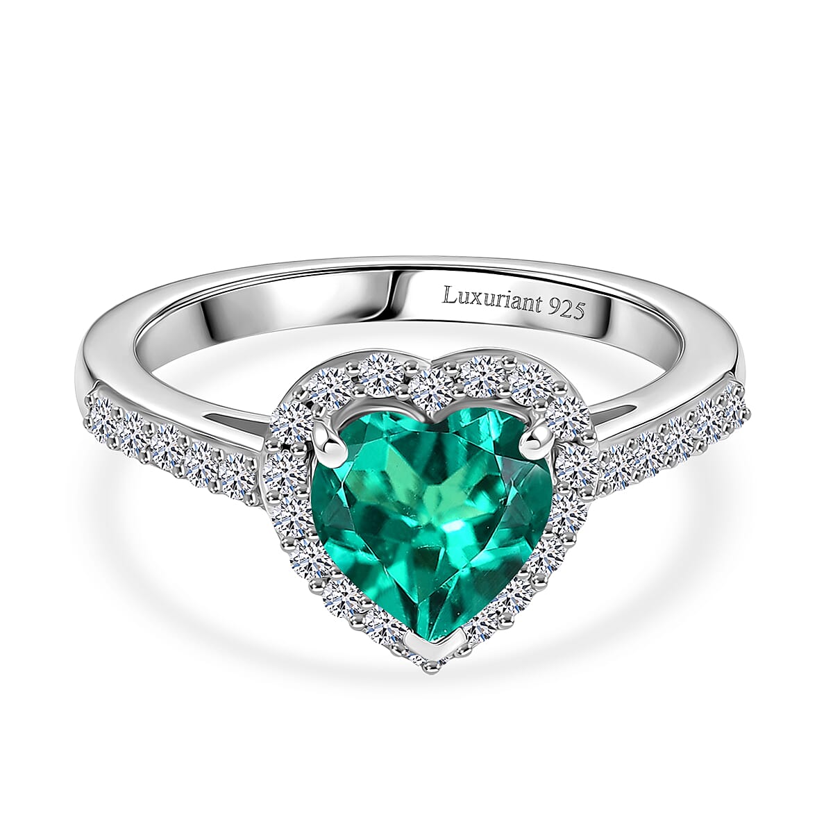 Luxuriant - Lab Grown AAAA Columbian Emerald and Lab Grown Diamond (SI-G-H ) Heart Ring in Rhodium Overlay Sterling Silver 1.35 Ct. 8526647 0