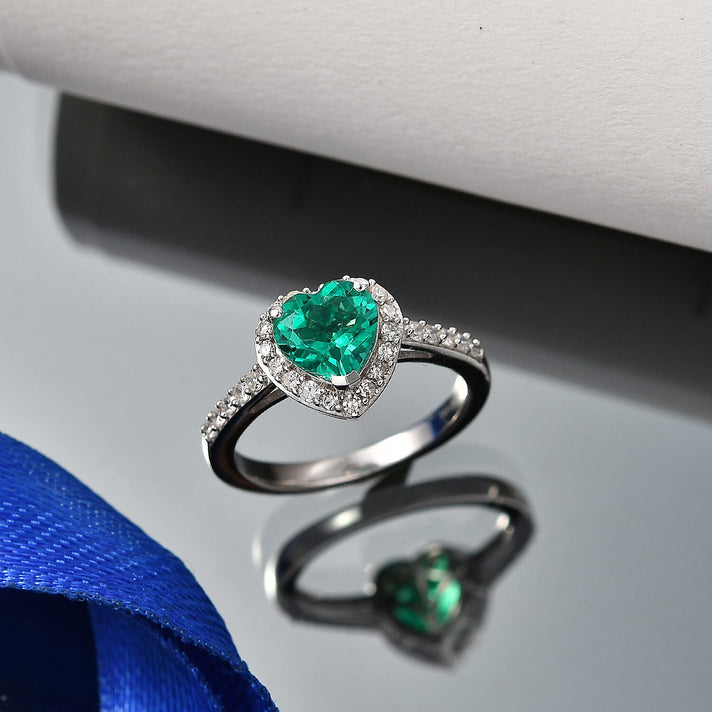 Luxuriant - Lab Grown AAAA Columbian Emerald and Lab Grown Diamond (SI-G-H ) Heart Ring in Rhodium Overlay Sterling Silver 1.35 Ct. 8526647 2