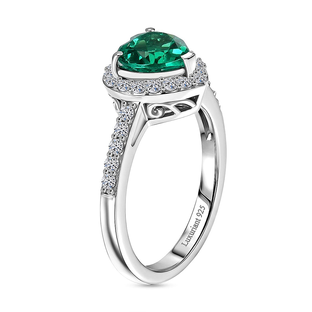 Luxuriant - Lab Grown AAAA  Columbian Emerald and Lab Grown Diamond (SI-G-H ) Heart Ring in Rhodium Overlay Sterling Silver 1.35 Ct.