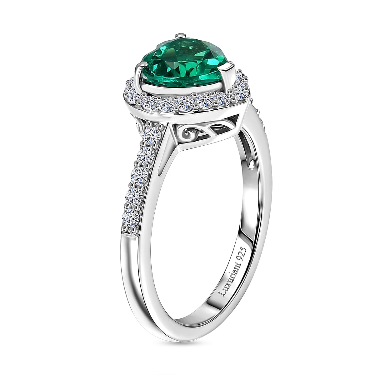 Luxuriant - Lab Grown AAAA Columbian Emerald and Lab Grown Diamond (SI-G-H ) Heart Ring in Rhodium Overlay Sterling Silver 1.35 Ct. 8526647 4