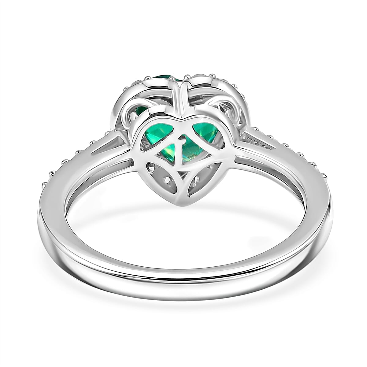 Luxuriant - Lab Grown AAAA Columbian Emerald and Lab Grown Diamond (SI-G-H ) Heart Ring in Rhodium Overlay Sterling Silver 1.35 Ct. 8526647 5