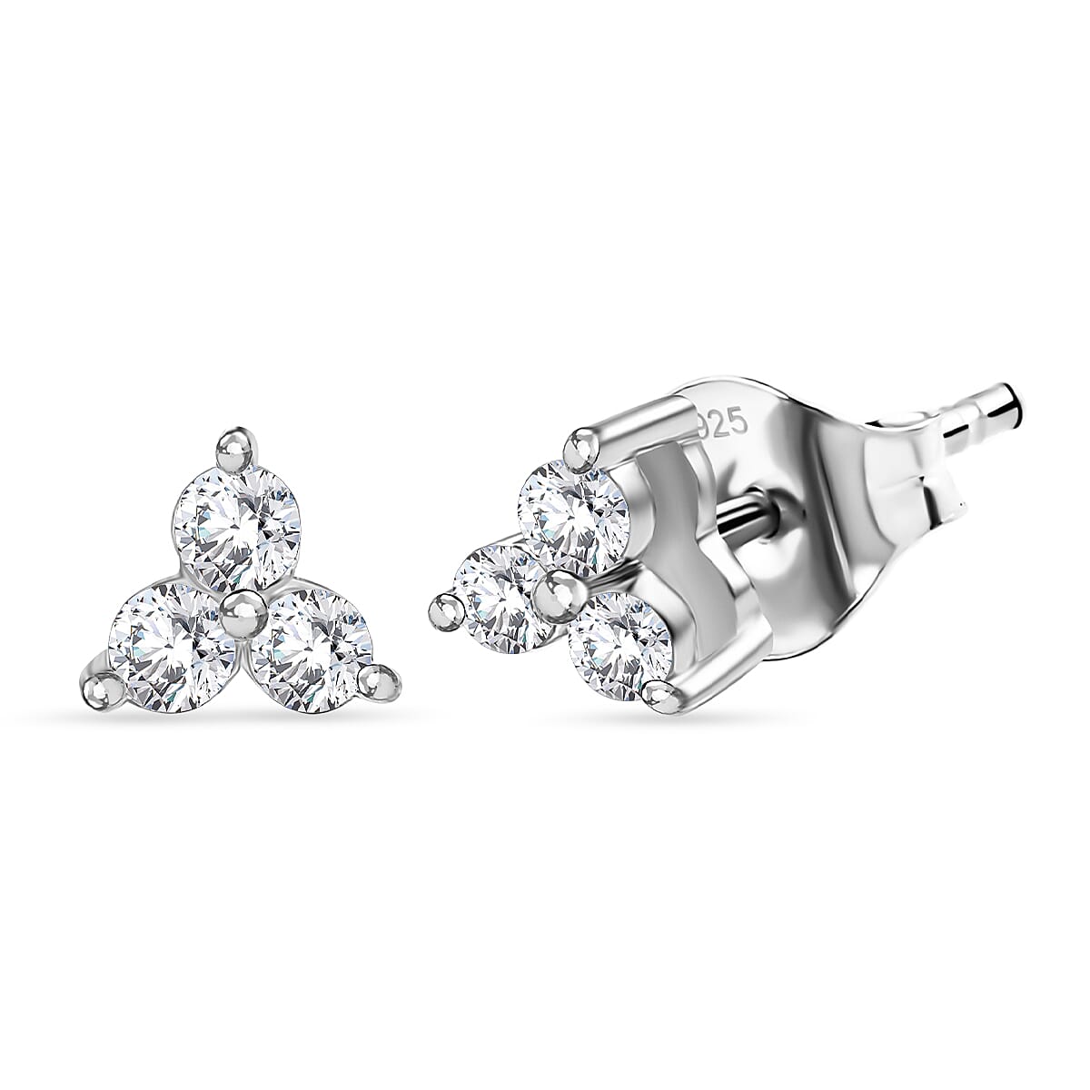 LUXURIANT Lab Grown Diamond 3 Stone Stud Push Post Earring in Rhodium Overlay Sterling Silver (SI-G-H) 8477172 0