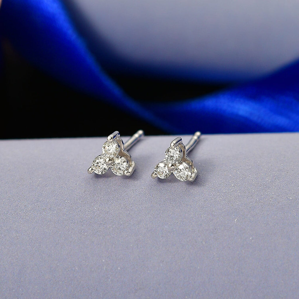 Luxuriant SI-G-H Lab Grown Diamond 3 Stone Stud Push Post Earring in Rhodium Overlay Sterling Silver