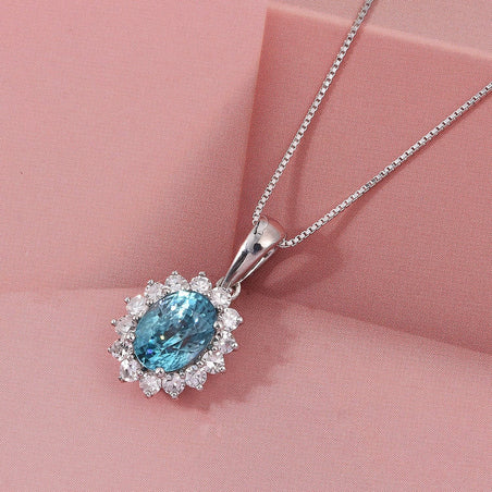LUXURIANT Ratanakiri Blue Zircon (Oval 2.00 Cts) and Lab Grown Diamond ( 0.43 Cts) Halo Pendant in Rhodium Overlay Sterling Silver 2.43 Ct. 4459189 2