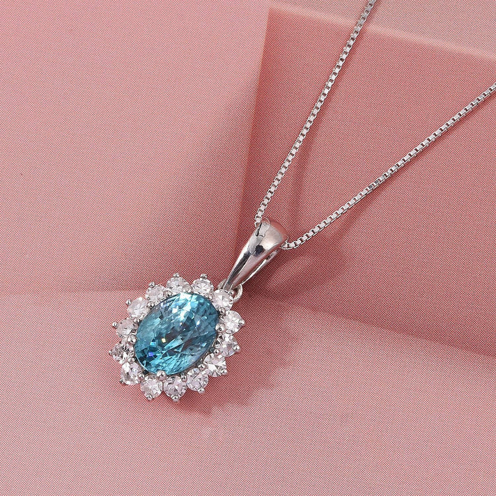 LUXURIANT Ratanakiri Blue Zircon (Oval 2.00 Cts) and Lab Grown Diamond ( 0.43 Cts) Halo Pendant in Rhodium Overlay Sterling Silver 2.43 Ct. 4459189 2