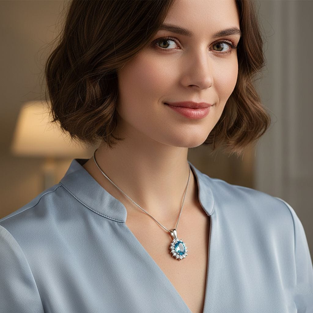 LUXURIANT Ratanakiri Blue Zircon (Oval 2.00 Cts) and Lab Grown Diamond ( 0.43 Cts) Halo Pendant in Rhodium Overlay Sterling Silver 2.43 Ct. V32525889 3