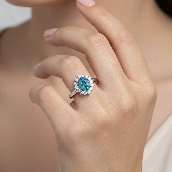Ratanakiri Blue Zircon (Oval 2.00 Cts) and Lab Grown Diamond ( 0.50 Cts) Halo Ring in Rhodium Overlay Sterling Silver 2.50 Ct. 8502116 2