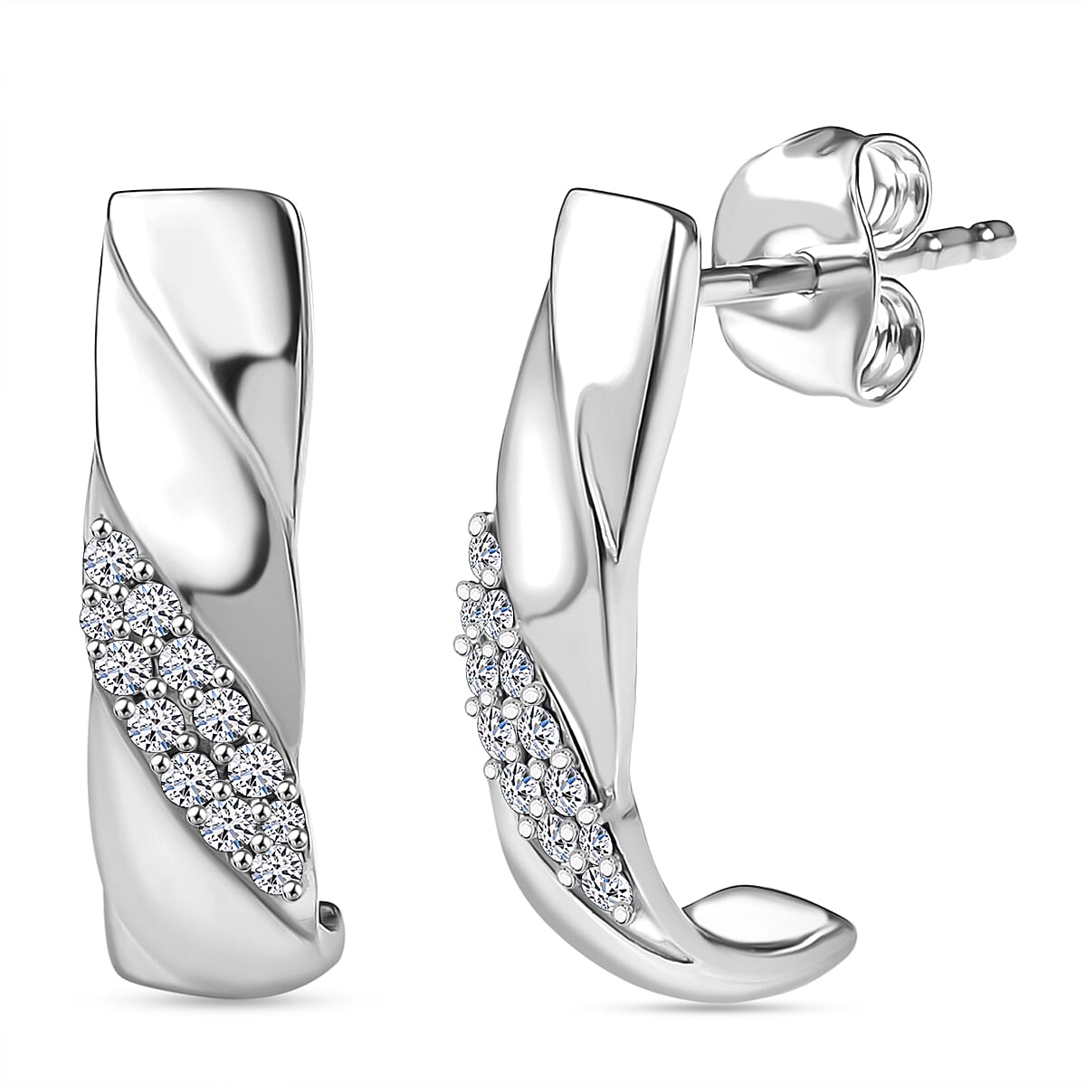 LUXURIANT Lab Grown Diamond J Hoop Half Hoop Earring in Rhodium Overlay Sterling Silver 8285167 0
