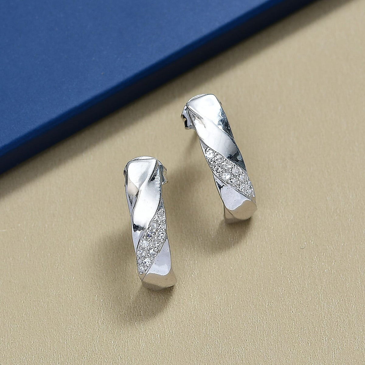 LUXURIANT Lab Grown Diamond J Hoop Half Hoop Earring in Rhodium Overlay Sterling Silver 8285167 2