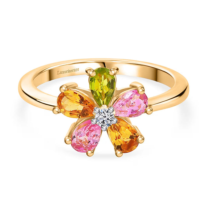 LUXURIANT Multi-Tourmaline, Lab Grown Diamond Floral Ring in Yellow Gold Plated Sterling Silver 1 Ct.  (SI-G-H) 8538031 1