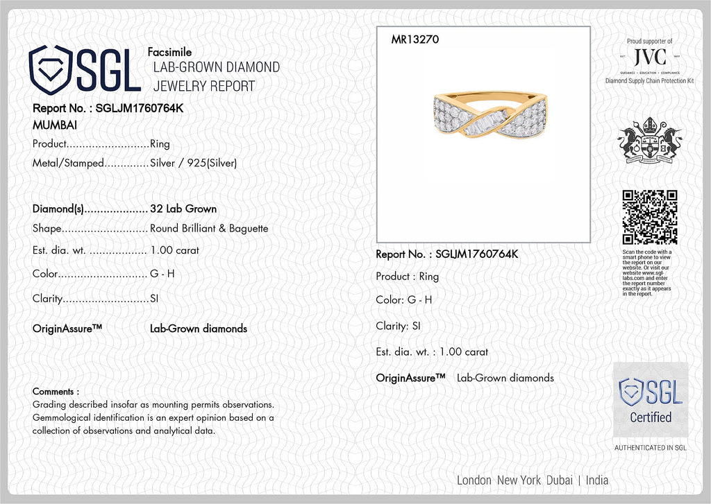 Luxuriant SGL Certified Lab Grown Diamond (SI-GH) Ring in 18K Vermeil Yellow Gold Plated Sterling Silver 1.00 Ct.