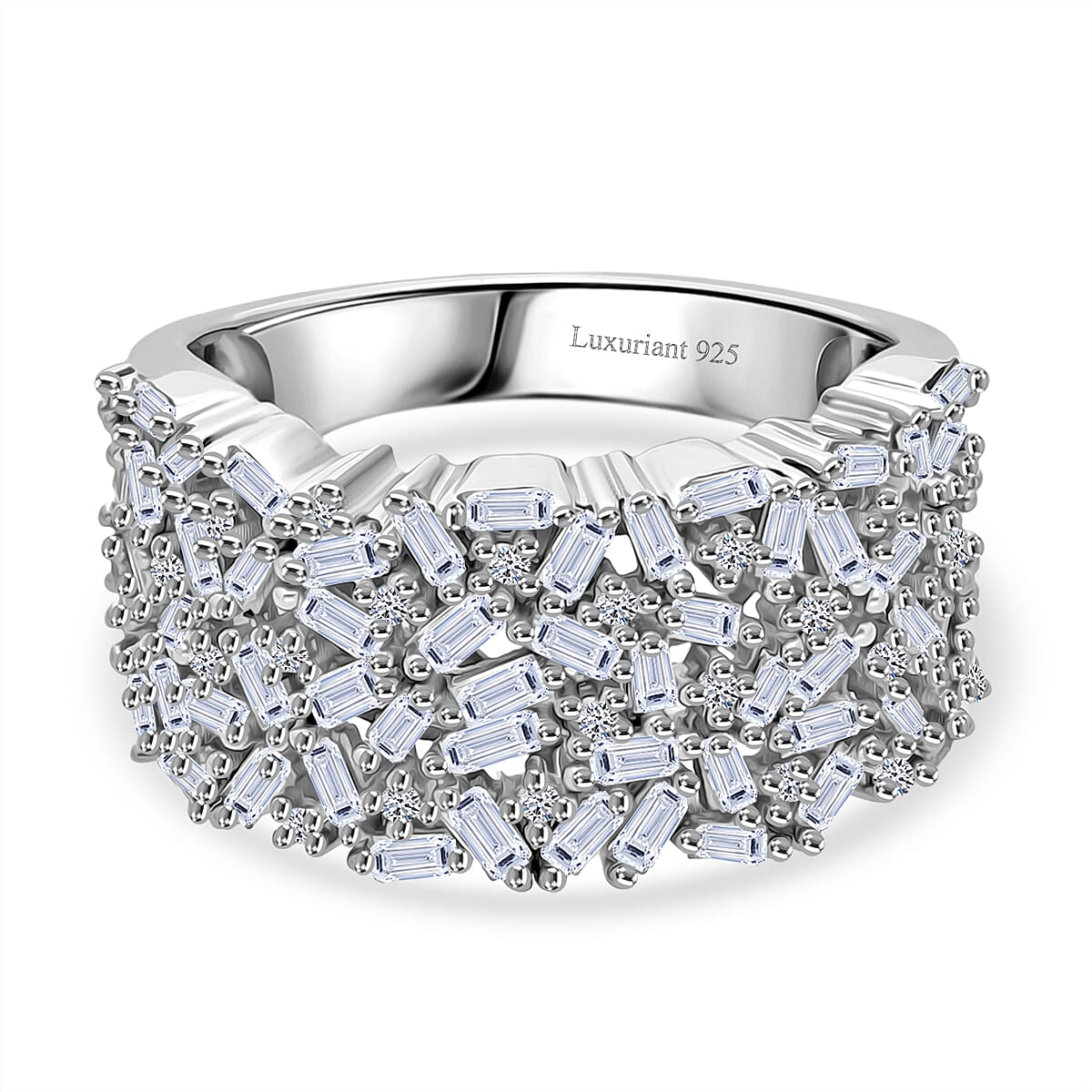 LUXURIANT 1 Ct. Lab Grown Diamond Firecracker Ring in Rhodium Overlay Sterling Silver (SI-GH) 8230633 0