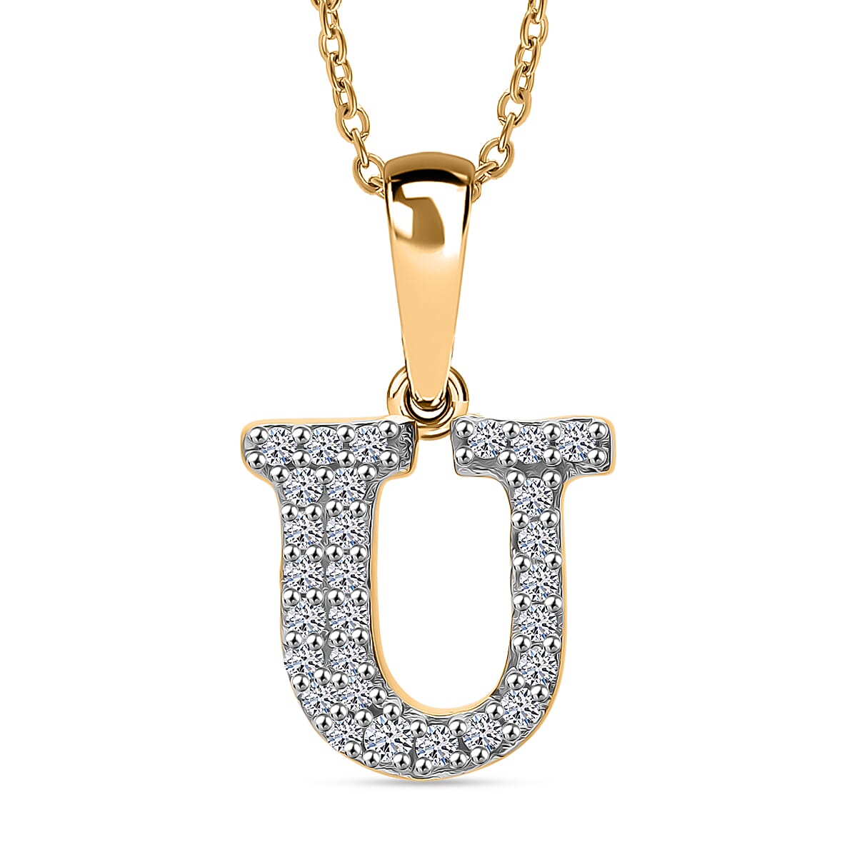 LUXURIANT Lab Grown Diamond U Initial Pendant with Chain (Size 18 - 2 Ext) in 18K Vermeil Yellow Gold Plating Sterling Silver (VS-EF) 4412104 0