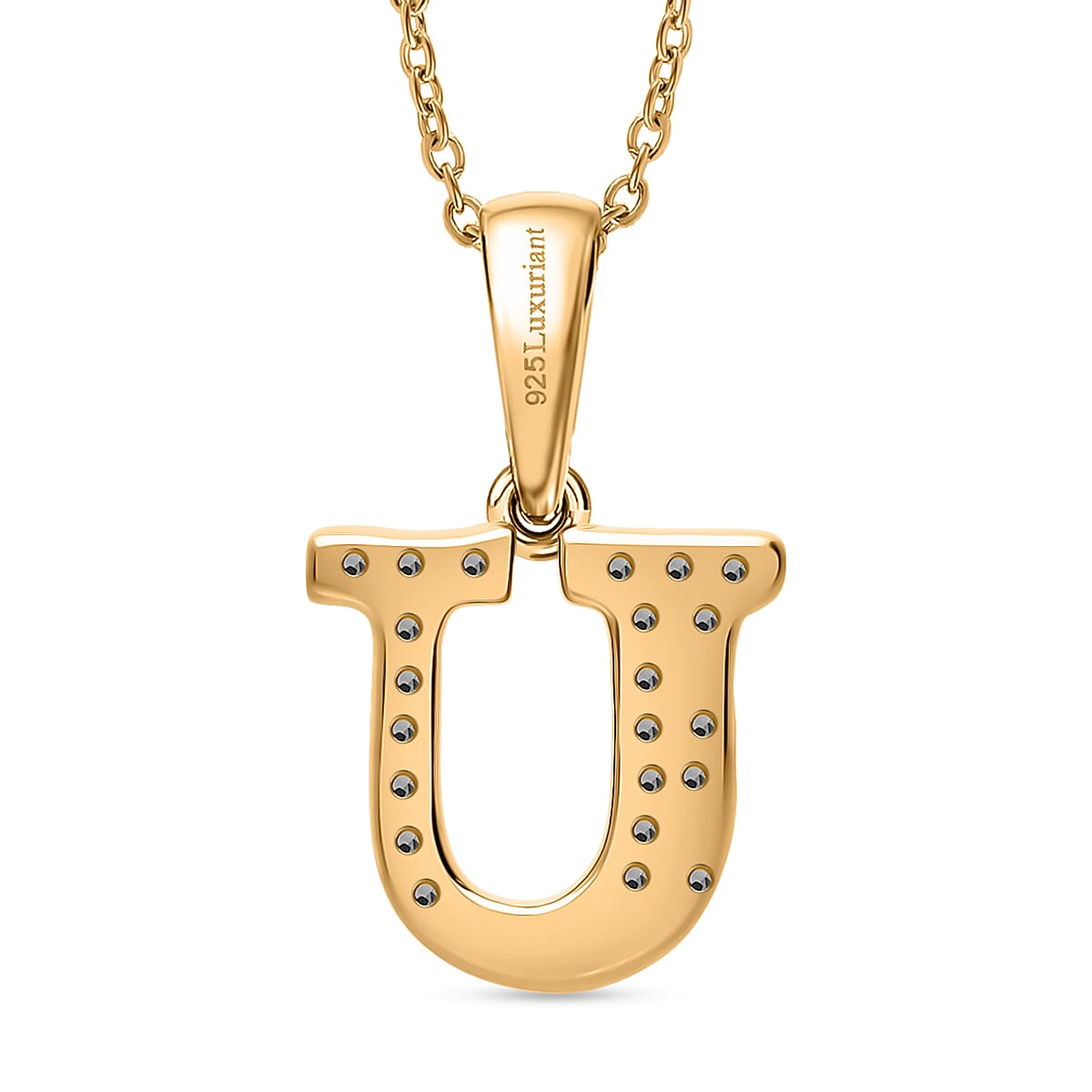 LUXURIANT Lab Grown Diamond U Initial Pendant with Chain (Size 18 - 2 Ext) in 18K Vermeil Yellow Gold Plating Sterling Silver (VS-EF) 4412104 4