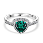 Luxuriant Lab Grown Emerald Trillion Cut & Lab Grown Diamond (SI-GH) Halo Ring in Rhodium Overlay Sterling Silver 1.40 Ct.