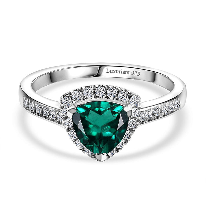 LUXURIANT Lab Grown Emerald, Lab Grown Diamond Halo Ring in Rhodium Overlay Sterling Silver 1.38 Ct. (SI-GH) 8273105 1
