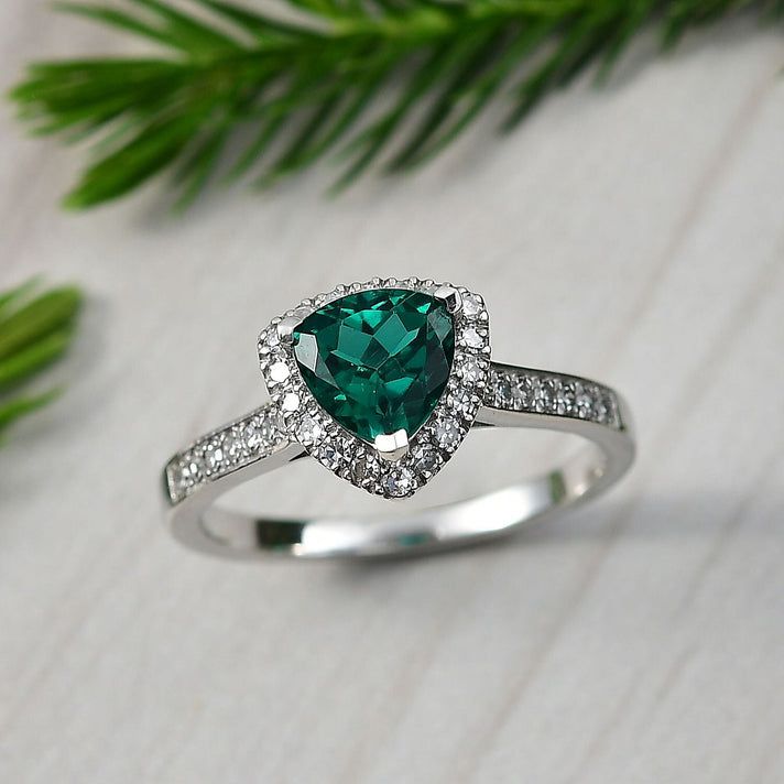 LUXURIANT Lab Grown Emerald, Lab Grown Diamond Halo Ring in Rhodium Overlay Sterling Silver 1.38 Ct. (SI-GH) 8273105 2
