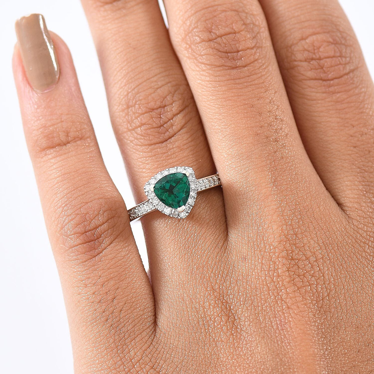 LUXURIANT Lab Grown Emerald, Lab Grown Diamond Halo Ring in Rhodium Overlay Sterling Silver 1.38 Ct. (SI-GH) V32638869 3
