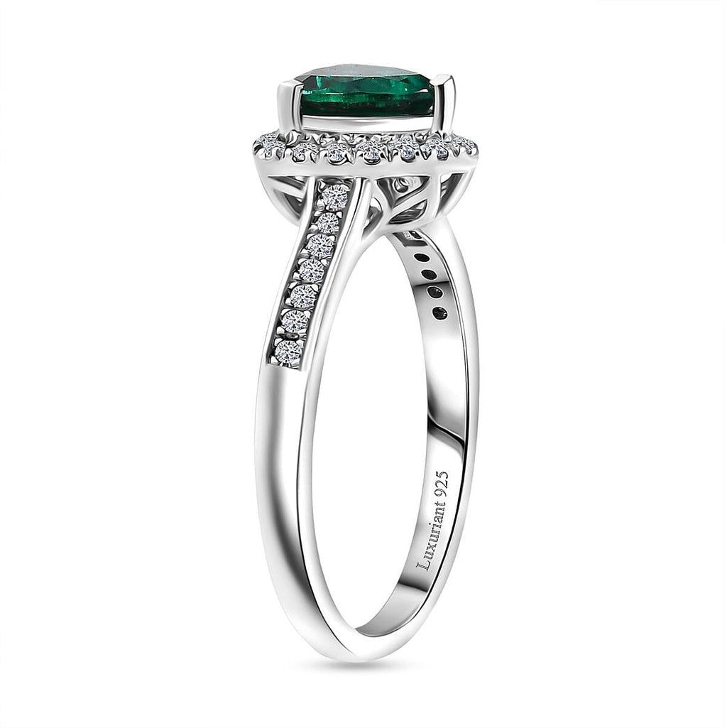 Luxuriant Lab Grown Emerald Trillion Cut & Lab Grown Diamond (SI-GH) Halo Ring in Rhodium Overlay Sterling Silver 1.40 Ct.