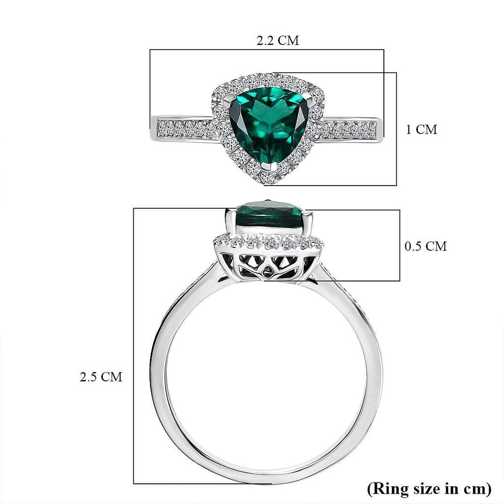 Luxuriant Lab Grown Emerald Trillion Cut & Lab Grown Diamond (SI-GH) Halo Ring in Rhodium Overlay Sterling Silver 1.40 Ct.