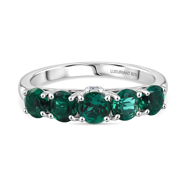 LUXURIANT Lab Grown Emerald, Lab Grown Diamond 5-Stone Ring in Rhodium Overlay Sterling Silver 1.29 Ct. (SI-G-H) 8481549 1