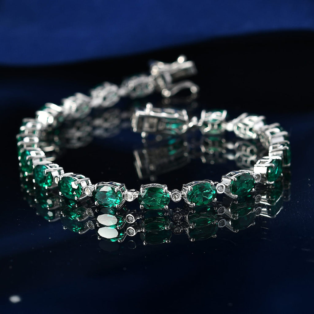 Lab Grown AAA Emerald and Lab Grown Diamond (SI-G-H ) Bracelet (Size - 7.5) in Rhodium Overlay Sterling Silver 13.62 Ct