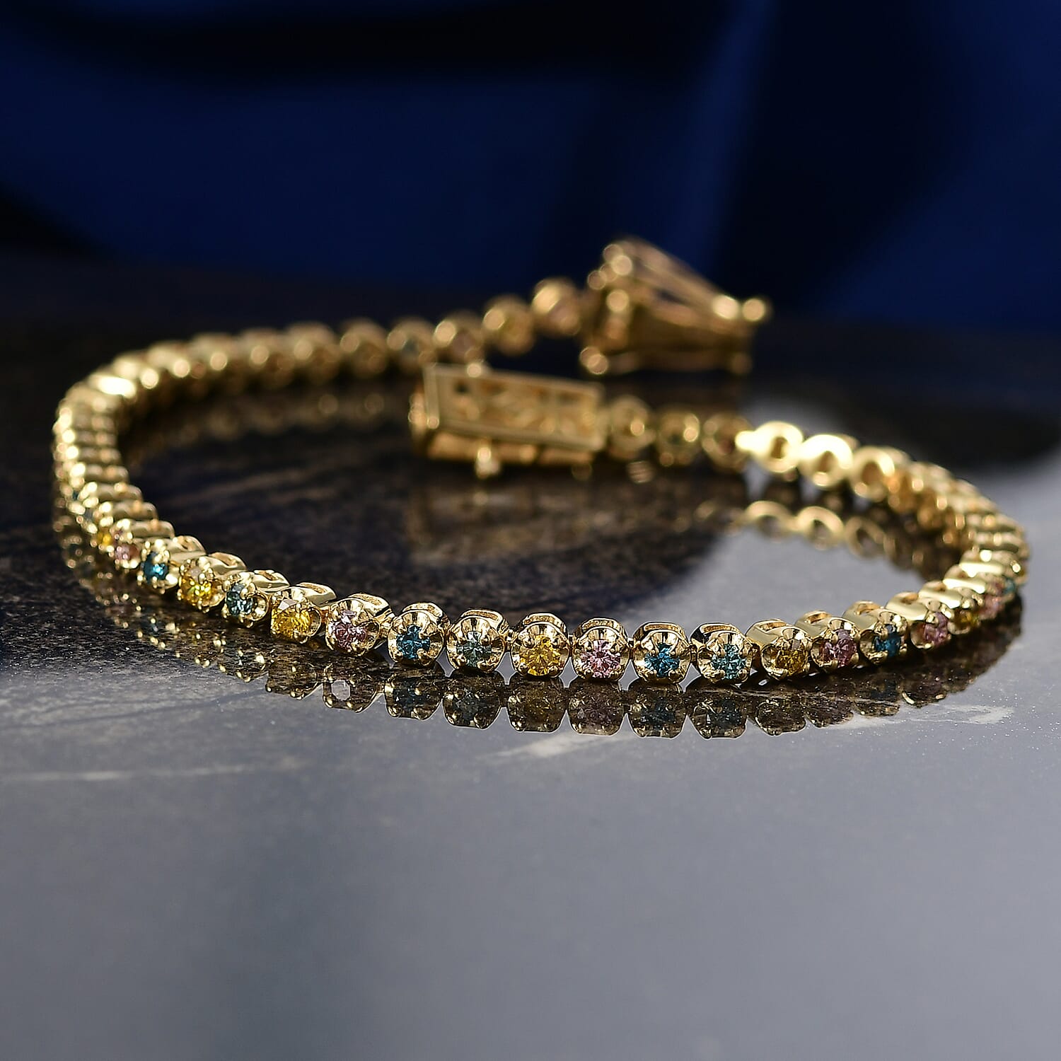Luxuriant - Lab Grown Pink, Blue, Yellow &amp; Green Diamond (VS) Tennis Bracelet (Size - 7.5) with GB Lock Box in 18K Gold Vermeil Sterling Silver 2.00 Ct, Wt. 10.13 Gms 8557942 3