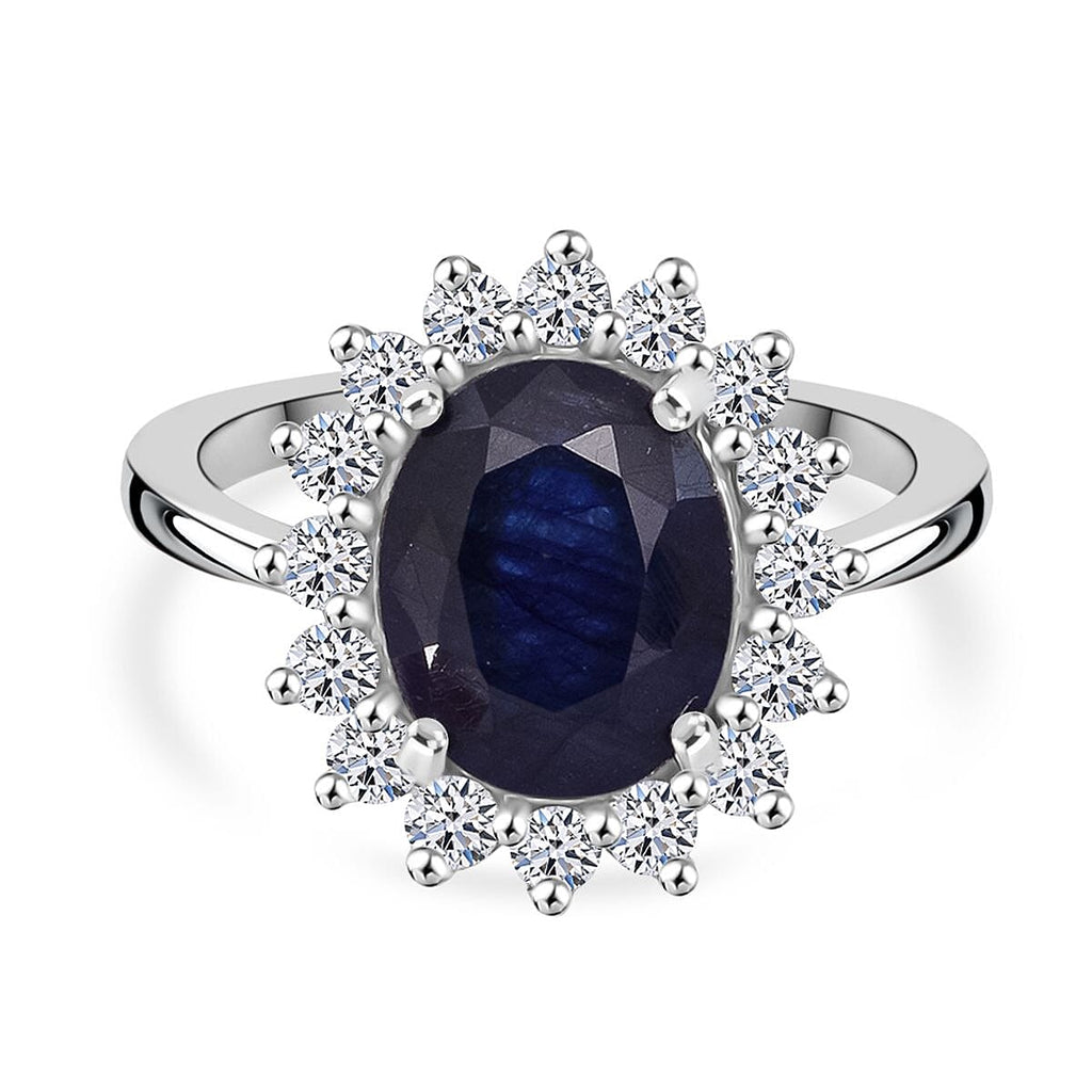 Blue Sapphire & Lab Grown Diamond SI-GH (0.60 Ct ) Ring in Rhodium Overlay Sterling Silver 5.36 Ct.