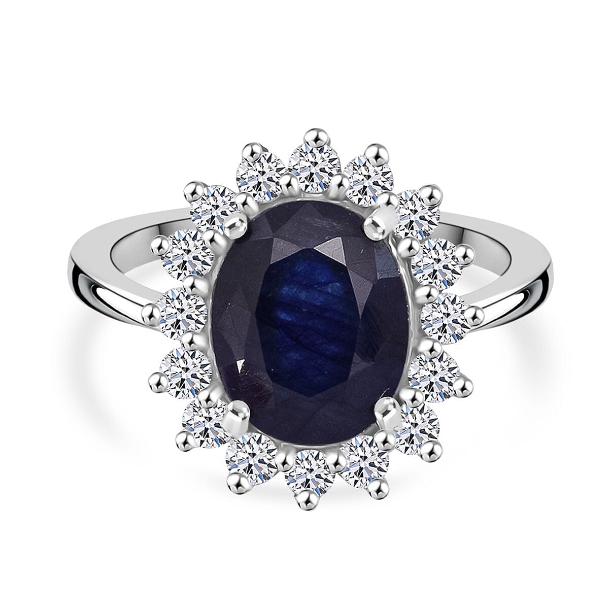 Blue Sapphire &amp; Lab Grown Diamond SI/GH (0.60 Ct ) Ring in Rhodium Overlay Sterling Silver 5.36 Ct. 8306160 0