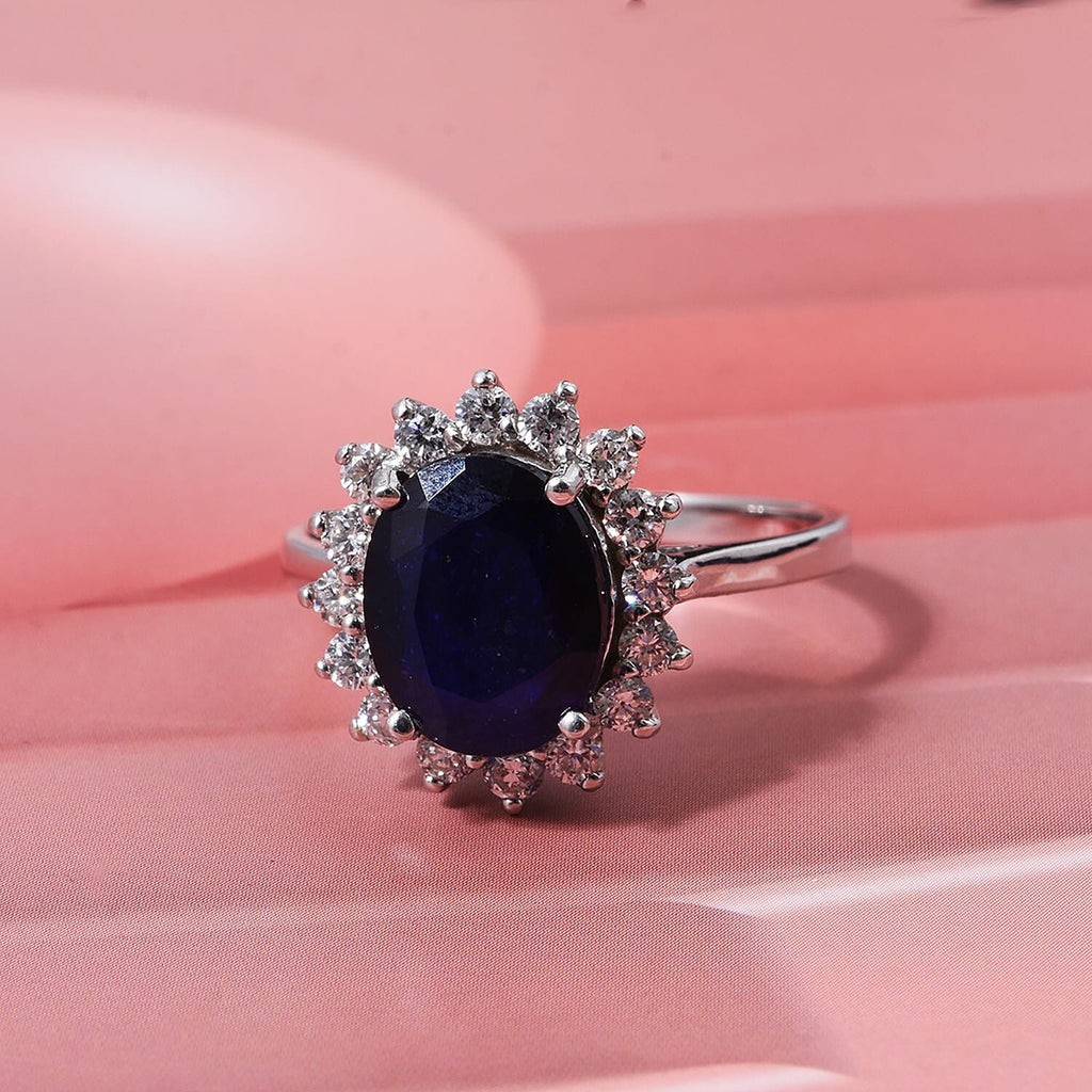 Blue Sapphire & Lab Grown Diamond SI-GH (0.60 Ct ) Ring in Rhodium Overlay Sterling Silver 5.36 Ct.