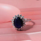 Blue Sapphire & Lab Grown Diamond SI-GH (0.60 Ct ) Ring in Rhodium Overlay Sterling Silver 5.36 Ct.