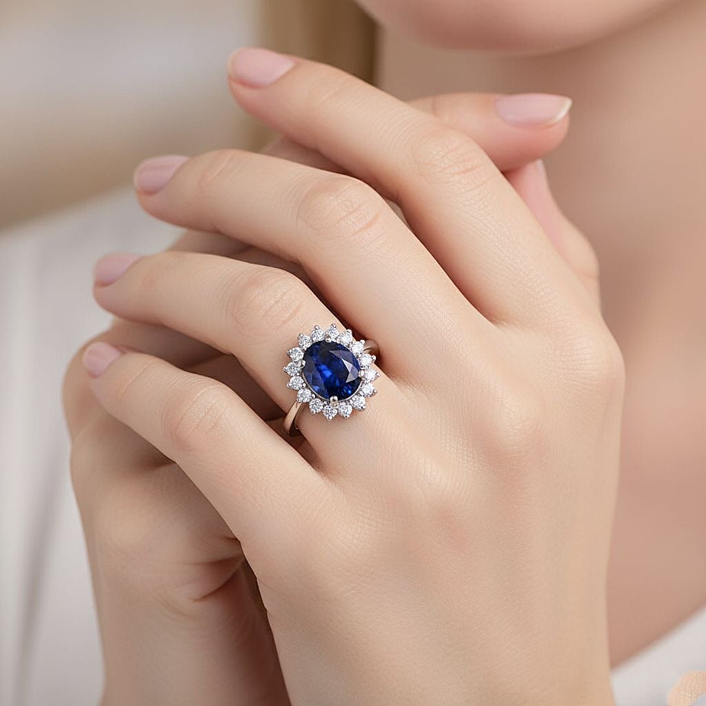 Blue Sapphire &amp; Lab Grown Diamond SI/GH (0.60 Ct ) Ring in Rhodium Overlay Sterling Silver 5.36 Ct. 8306160 3