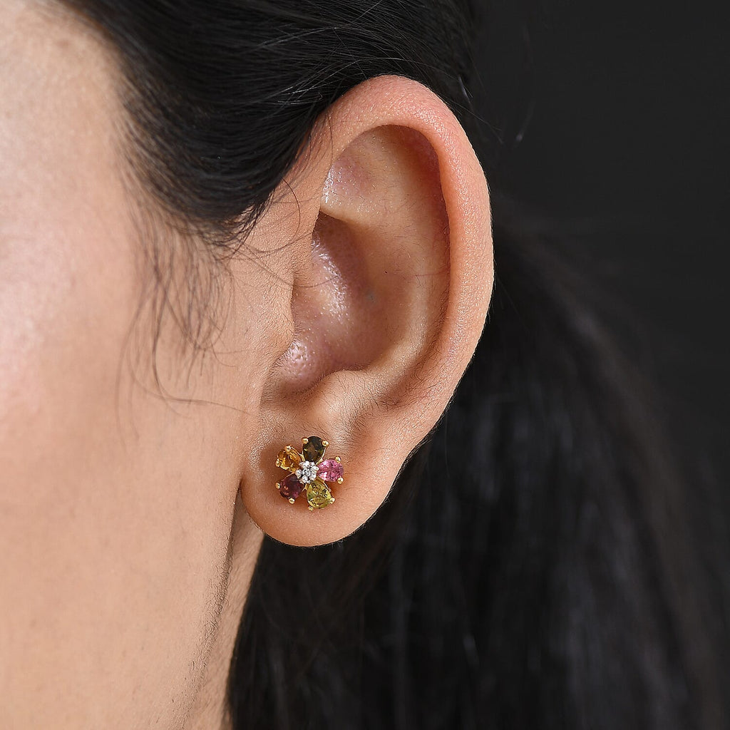 Luxuriant - Multi-Tourmaline & Lab Grown Diamond (SI-G-H) Floral Earring with Push Post in Yellow Gold Plated Sterling Silver 1.62 Ct.
