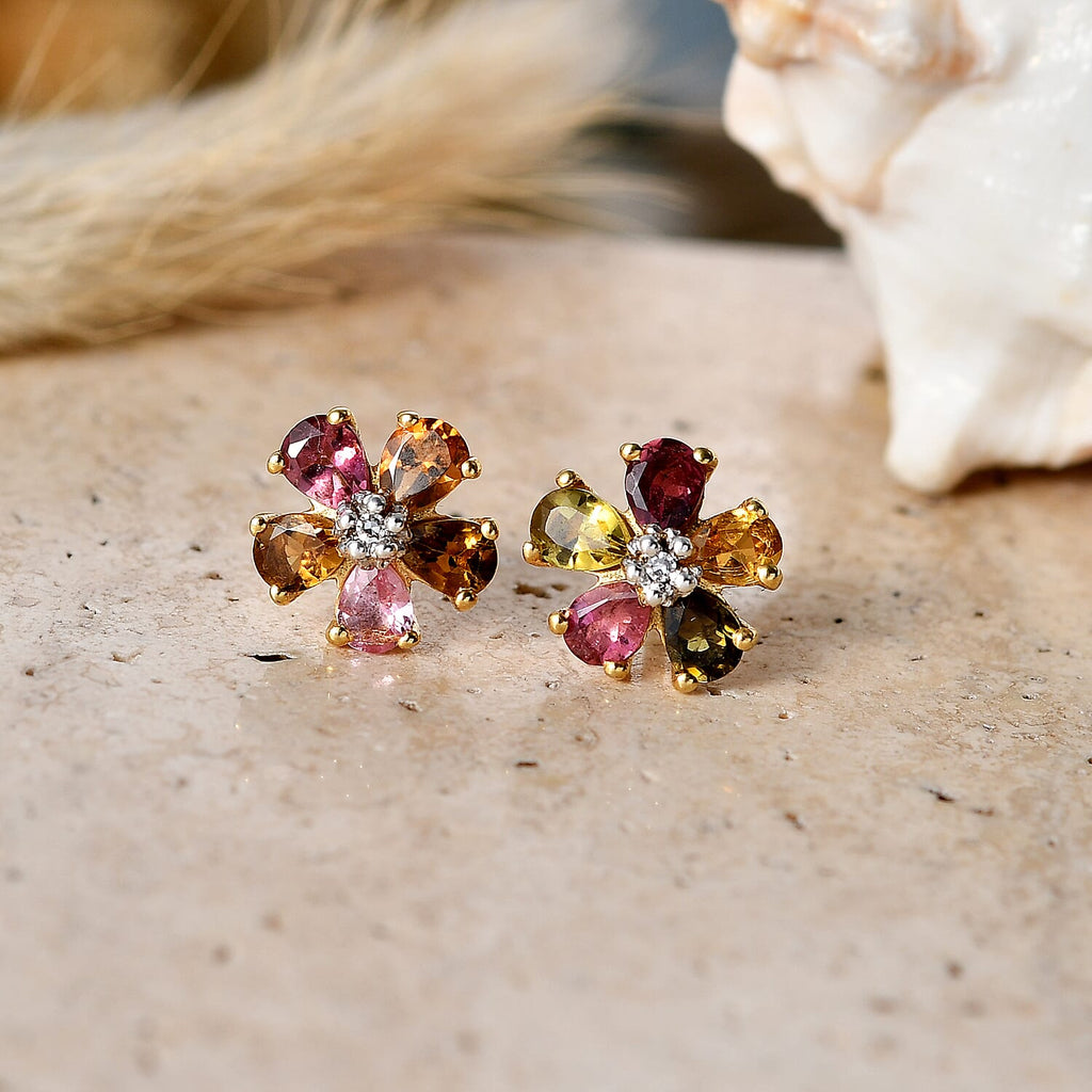 Luxuriant - Multi-Tourmaline & Lab Grown Diamond (SI-G-H) Floral Earring with Push Post in Yellow Gold Plated Sterling Silver 1.62 Ct.