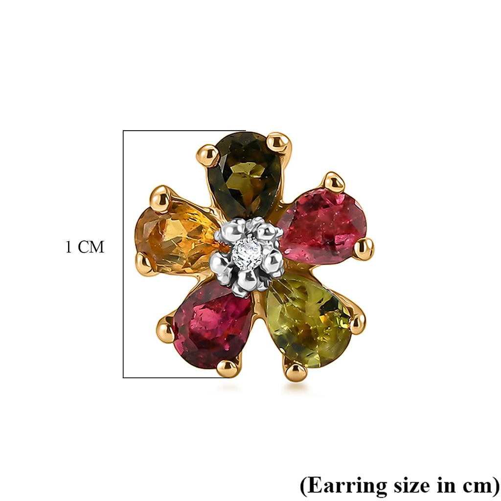 Luxuriant - Multi-Tourmaline & Lab Grown Diamond (SI-G-H) Floral Earring with Push Post in Yellow Gold Plated Sterling Silver 1.62 Ct.