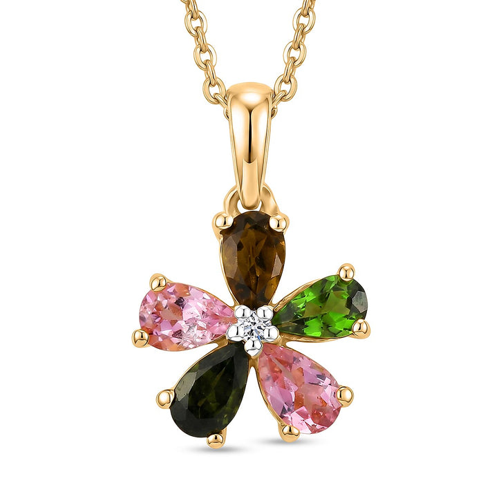 Luxuriant - Multi-Tourmaline &amp; Lab Grown Diamond (SI-G-H) Floral Pendant with Chain (Size 20) in Yellow Gold Plated Sterling Silver 1.00 Ct 4469462 1