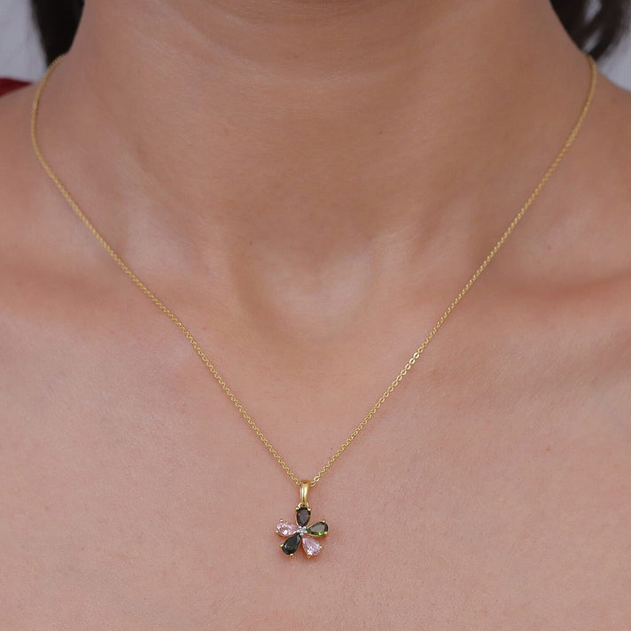 Luxuriant - Multi-Tourmaline &amp; Lab Grown Diamond (SI-G-H) Floral Pendant with Chain (Size 20) in Yellow Gold Plated Sterling Silver 1.00 Ct 4469462 2