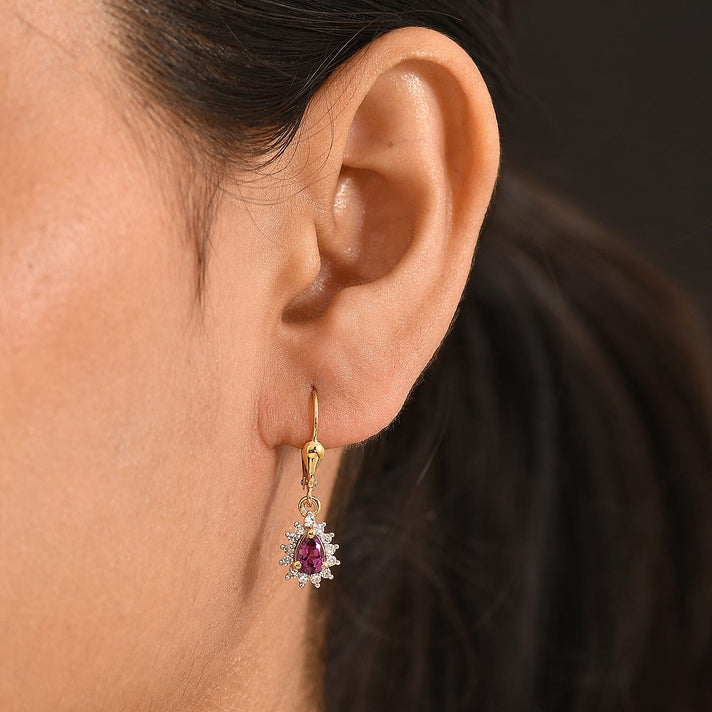 Luxuriant - AAA Purple Garnet &amp; Lab Grown Diamond (SI-G-H) Halo Dangling Earring with Lever Back in 18K Vermeil Yellow Gold Plated Sterling Silver 1.10 Ct. 8553632 2