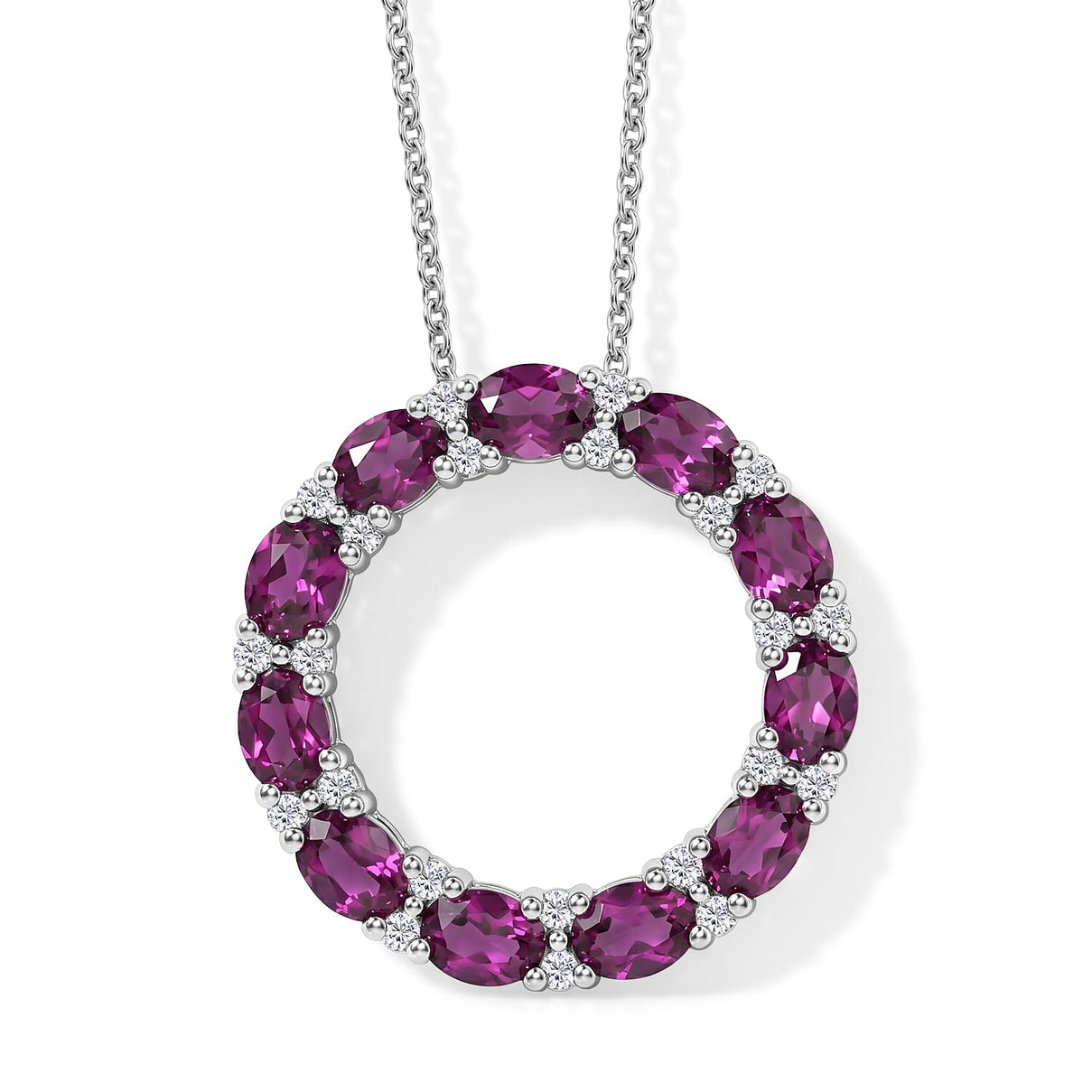 Luxuriant - Natural Radiant Ember Garnet &amp; Lab Grown Diamond (SI-G-H) Circular Pendant with Chain (Size 20) in Rhodium Overlay Sterling Silver 2.66 Ct. 4488473 0
