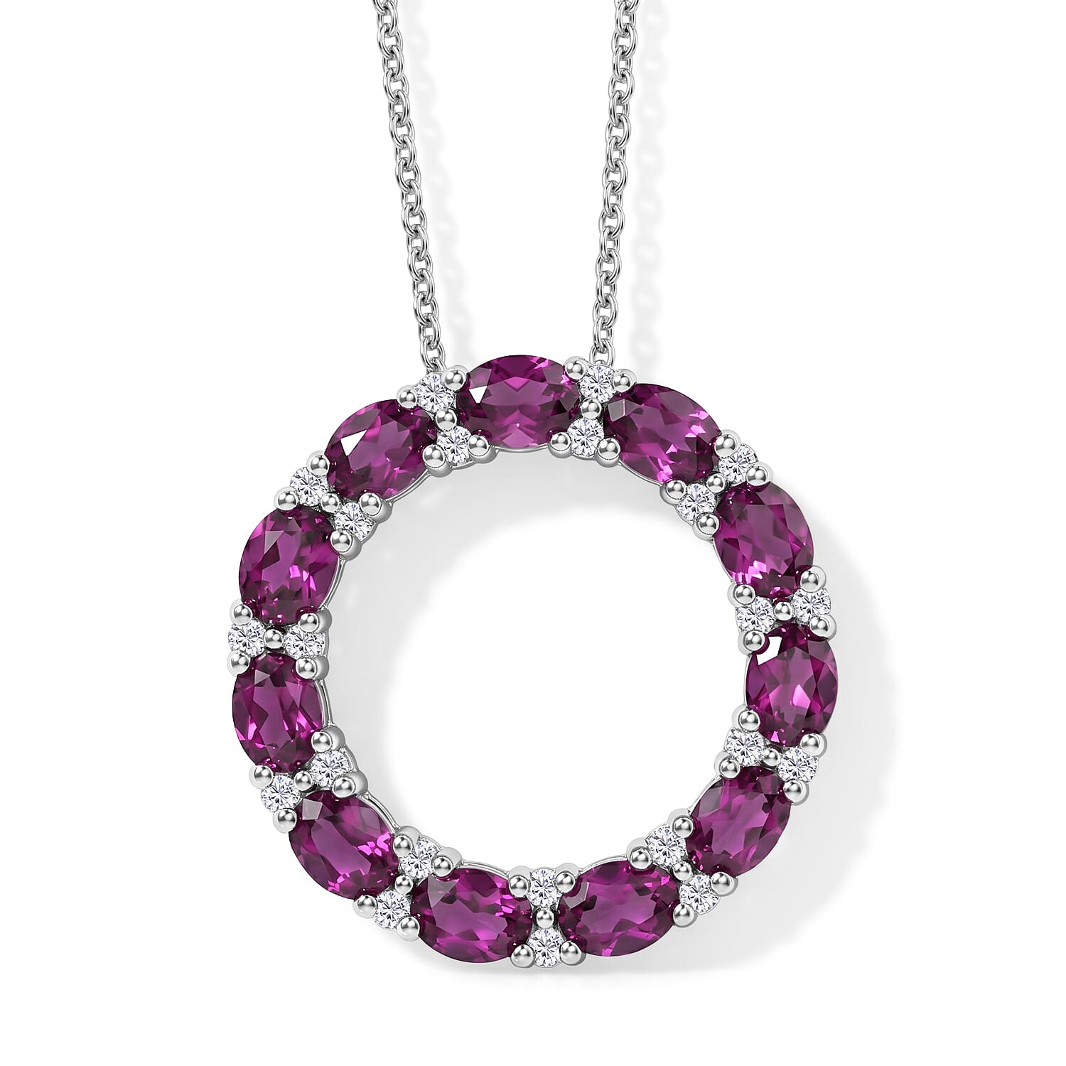 Luxuriant - Natural Radiant Ember Garnet &amp; Lab Grown Diamond (SI-G-H) Circular Pendant with Chain (Size 20) in Rhodium Overlay Sterling Silver 2.66 Ct. 4488473 0