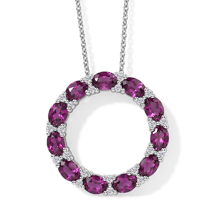 Luxuriant - Natural Radiant Ember Garnet &amp; Lab Grown Diamond (SI-G-H) Circular Pendant with Chain (Size 20) in Rhodium Overlay Sterling Silver 2.66 Ct. 4488473 1