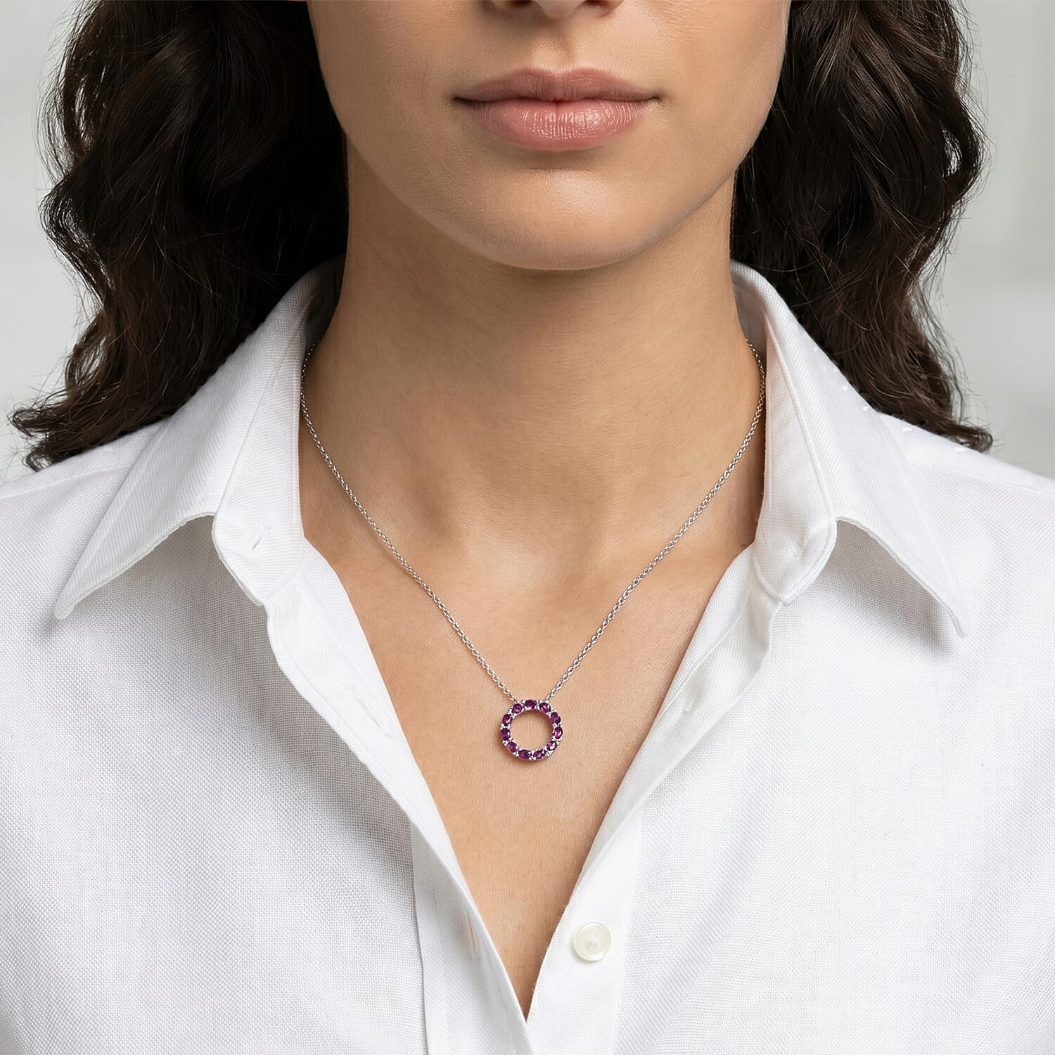Luxuriant - Natural Radiant Ember Garnet &amp; Lab Grown Diamond (SI-G-H) Circular Pendant with Chain (Size 20) in Rhodium Overlay Sterling Silver 2.66 Ct. 4488473 2