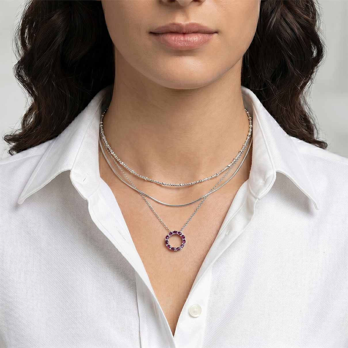 Luxuriant - Natural Radiant Ember Garnet &amp; Lab Grown Diamond (SI-G-H) Circular Pendant with Chain (Size 20) in Rhodium Overlay Sterling Silver 2.66 Ct. 4488473 3